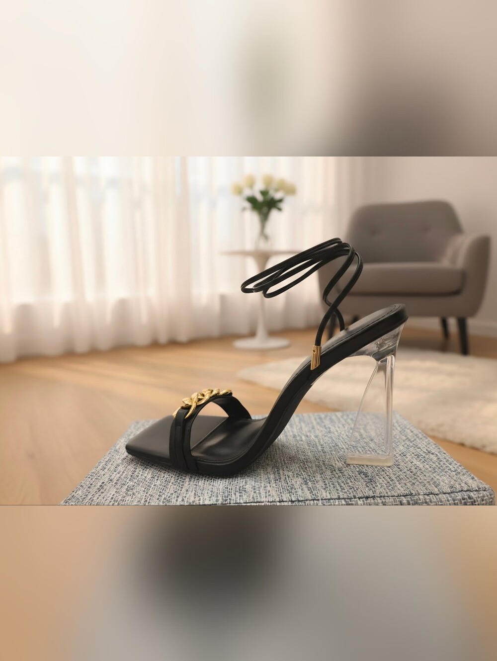 Cathy Din Black Ankle-Tie Sandal with Gold Chain Accent With Clear Heel